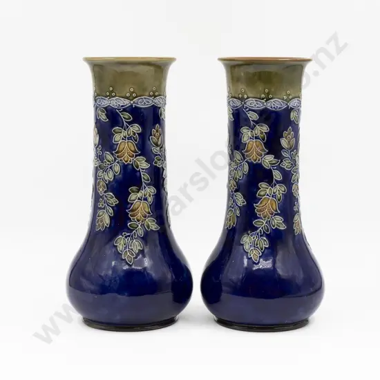Pair C1895 Doulton Stoneware Tube Lined Long Stem Mantel Vases 33cm H Each