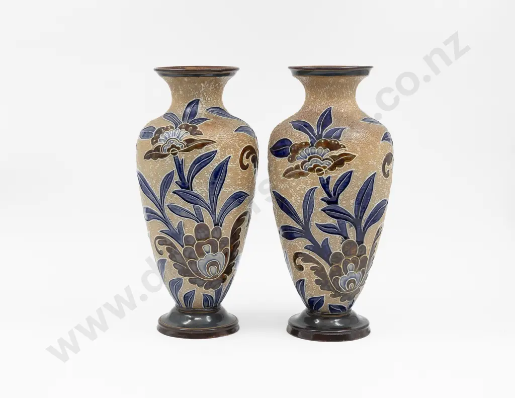 C1880 Pair Doulton Lambeth Slaters Tube Lined Mantel Vases 31cm H Image 1++