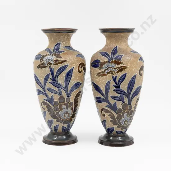 C1880 Pair Doulton Lambeth Slaters Tube Lined Mantel Vases 31cm H