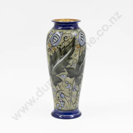 C1880 Doulton Stoneware Hand Decorated Long Stem Vase 25.5cm H