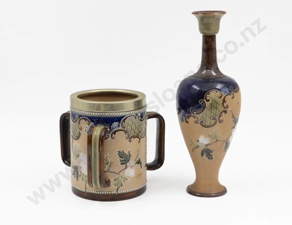 C1896 Doulton Lambeth Slaters Triple Handled Loving Cup & Specimen Vase 15cm & 28.5cm H Image 1++
