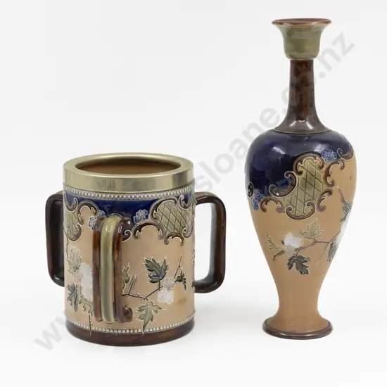 C1896 Doulton Lambeth Slaters Triple Handled Loving Cup & Specimen Vase 15cm & 28.5cm H