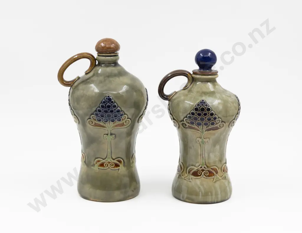 C1880 Doulton Stoneware Slightly Graduated Similarly Decorated Stoppered Flasks 25cm & 24cm H Image 1++