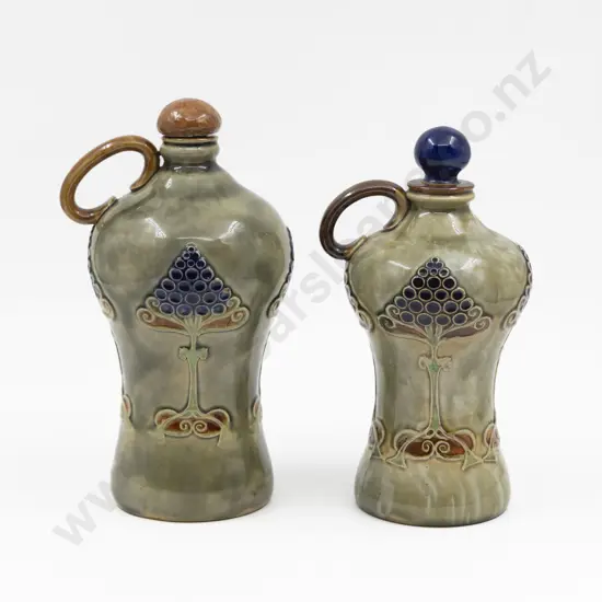 C1880 Doulton Stoneware Slightly Graduated Similarly Decorated Stoppered Flasks 25cm & 24cm H