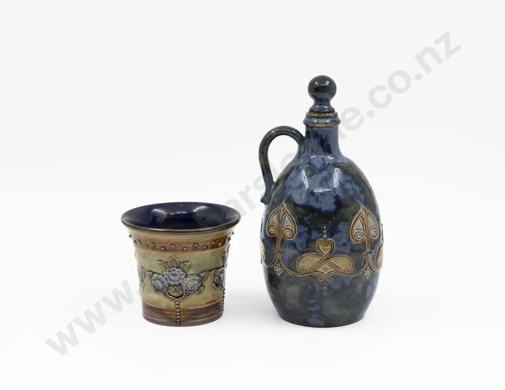 C1896 Doulton Stoneware Stoppered Flask & Small Planter 23cm H & 11cm Diameter Image 1++