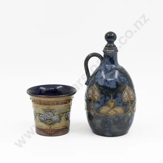C1896 Doulton Stoneware Stoppered Flask & Small Planter 23cm H & 11cm Diameter