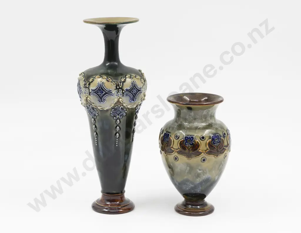 C1880 Doulton Stoneware Applied Motif Specimen Vase & Posy Vase 25cm & 15.5cm H Image 1++