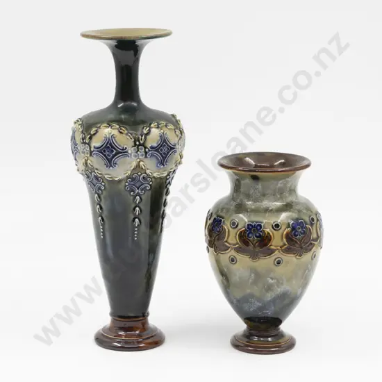 C1880 Doulton Stoneware Applied Motif Specimen Vase & Posy Vase 25cm & 15.5cm H