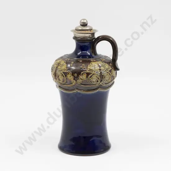 C1880 Doulton Stoneware Art Nouveau Tube Lined Stoppered Flask S/S Mounts 23.5cm H