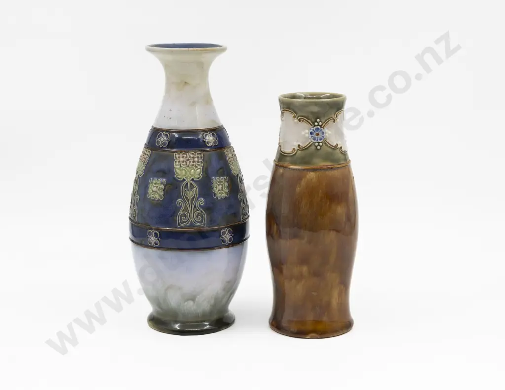 C1880 Doulton Lambeth Tube Lined Art Nouveau Patterned Vase & Other 28cm & 23.5cm H Image 1++
