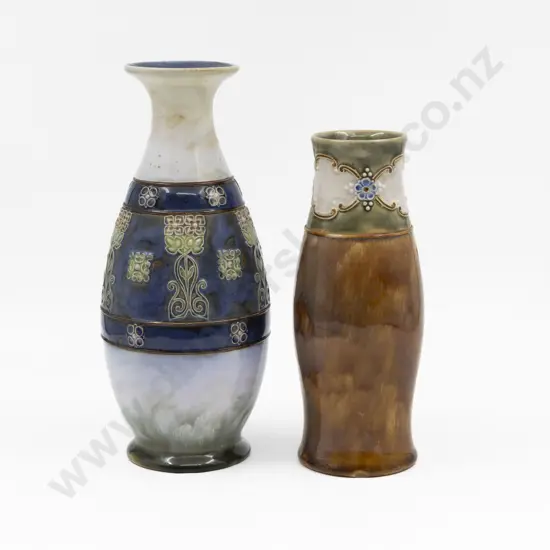 C1880 Doulton Lambeth Tube Lined Art Nouveau Patterned Vase & Other 28cm & 23.5cm H