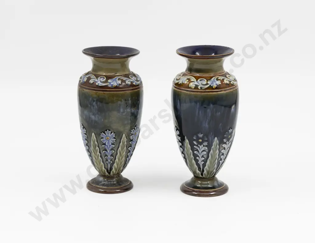 C1880 Pair Doulton Lambeth Applied Floral Vases 17cm H Each Image 1++