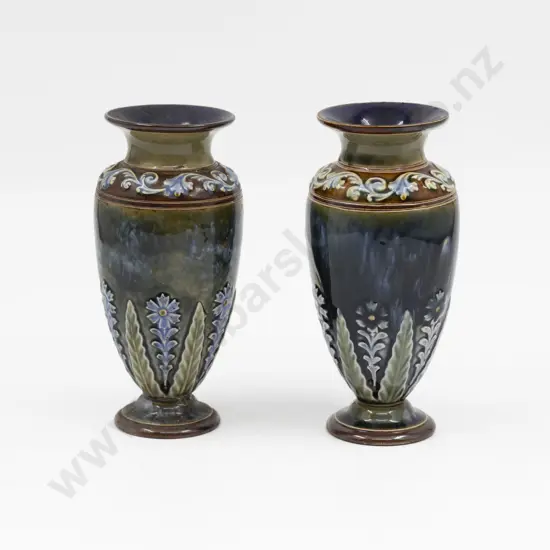 C1880 Pair Doulton Lambeth Applied Floral Vases 17cm H Each