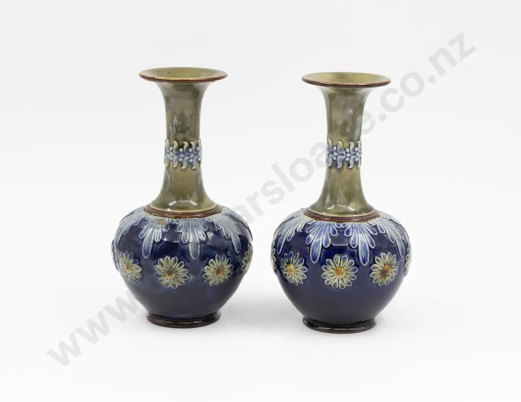 C1880 Pair Doulton Lambeth Applied Floral Vases 19.5cm H Each Image 1++