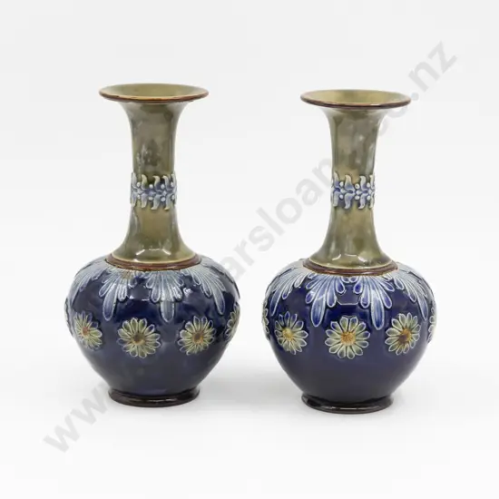 C1880 Pair Doulton Lambeth Applied Floral Vases 19.5cm H Each