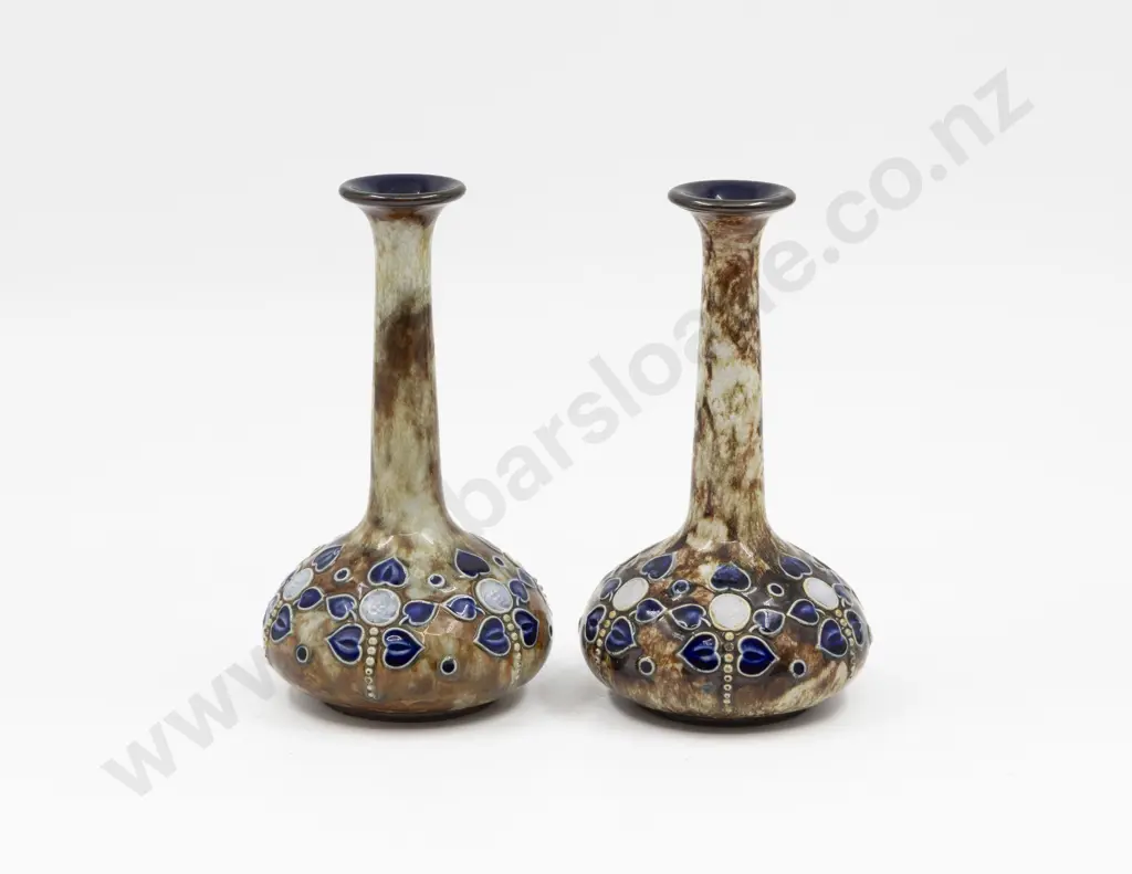 C1900 Doulton Stoneware Art Nouveau Tube Lined Specimen Vases 17cm H Each Image 1++