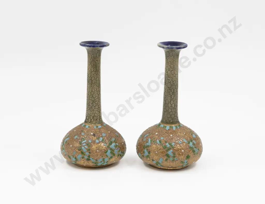 C1880 Pair Doulton Stoneware Lambeth Style Specimen Vases 17cm H Each Image 1++
