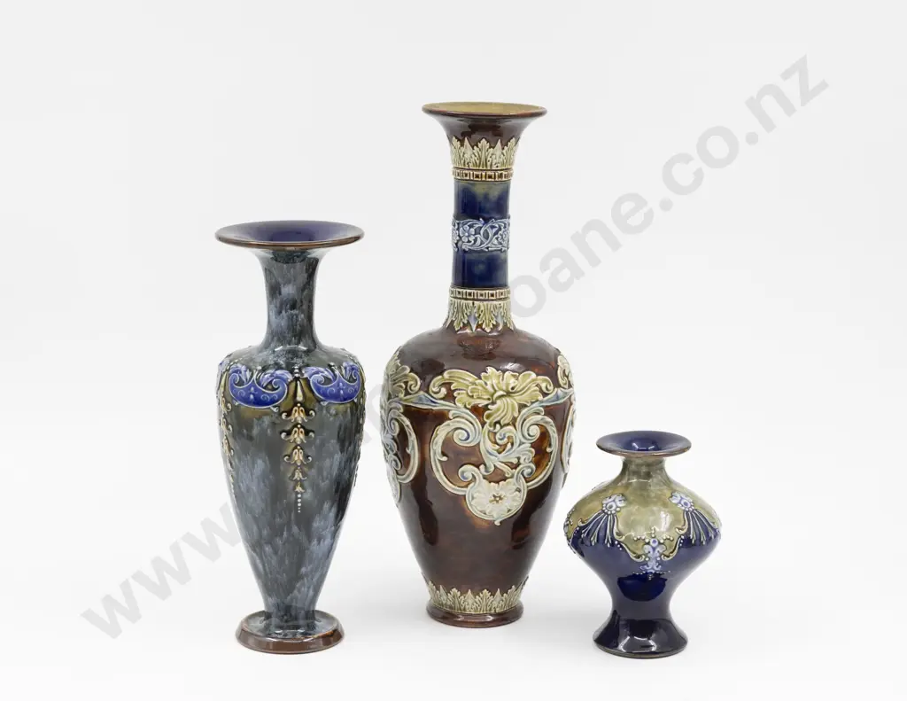 Three C1880 Doulton Stoneware Lambeth Specimen Vases 29cm 22.5cm & 12cm H Image 1++