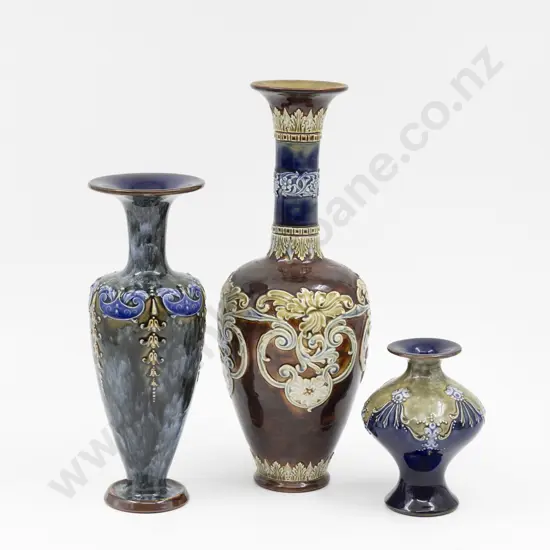 Three C1880 Doulton Stoneware Lambeth Specimen Vases 29cm 22.5cm & 12cm H