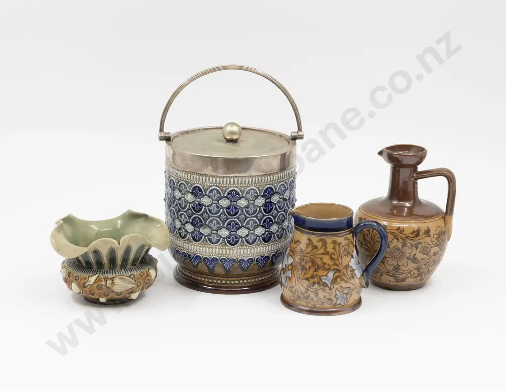 Dated 1879 Doulton Lambeth Sweet Barrel with Fancy Posy Pot & Two Jugs 11cm Diameter Image 1++