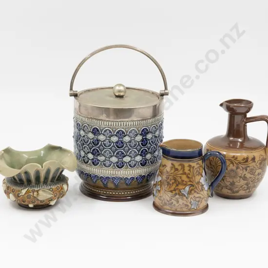 Dated 1879 Doulton Lambeth Sweet Barrel with Fancy Posy Pot & Two Jugs 11cm Diameter