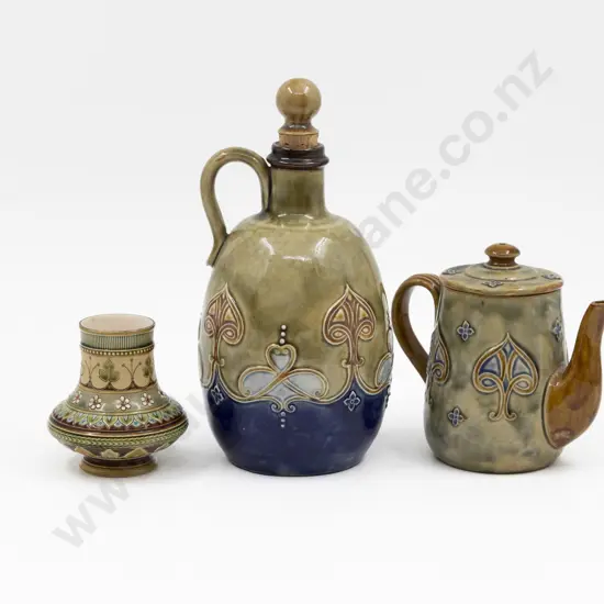 C1895 Doulton Stoneware Art Nouveau Tube Lined Stoppered Flask