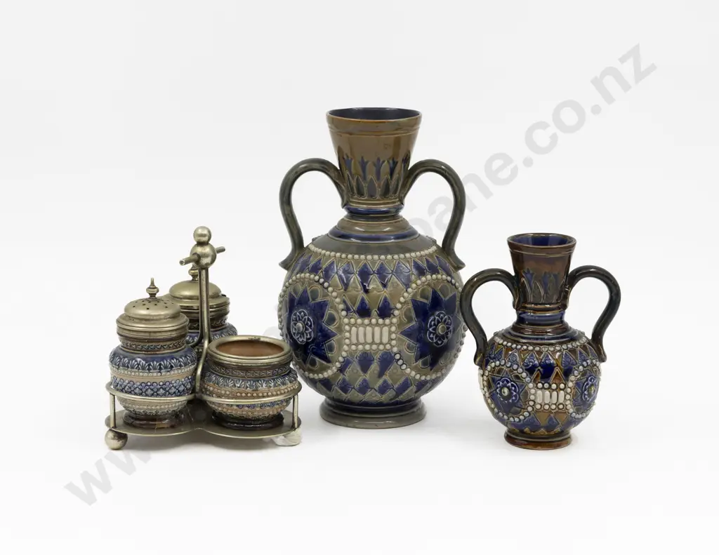 Doulton Lambeth Incised & Beaded Vases with Three Pce Condiment Set Image 1++