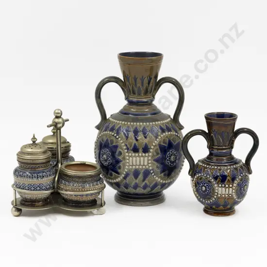 Doulton Lambeth Incised & Beaded Vases with Three Pce Condiment Set