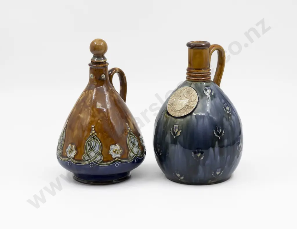 Doulton Stoneware Art Nouveau Stoppered Flask with MacKinlays Scotch Whisky Flask Image 1++