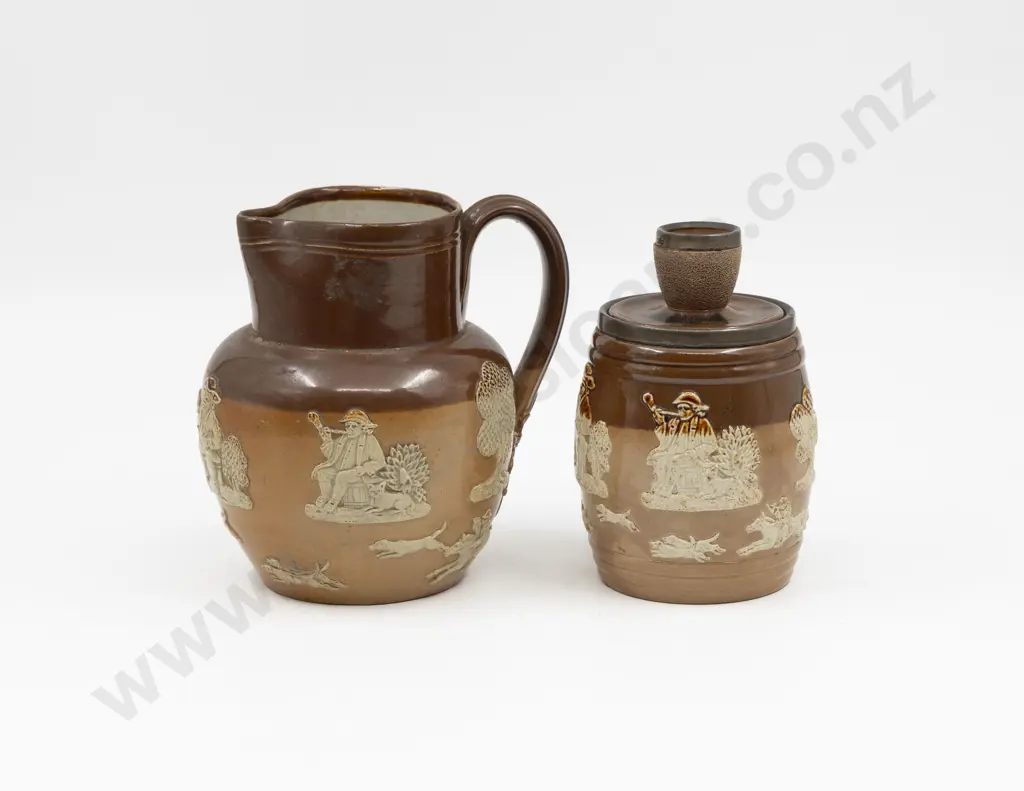 Doulton Stoneware Jug with Tavern Motifs & Tobacco Barrel Image 1++