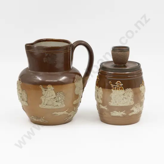 Doulton Stoneware Jug with Tavern Motifs & Tobacco Barrel