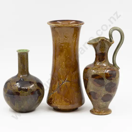 Doulton Stoneware Autumn Leaf Pattern Ewer Specimen Vase & Long Stem Vase 24cm H