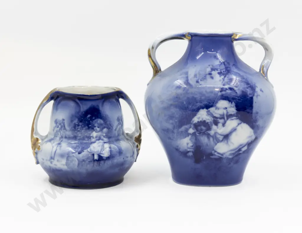 Two Royal Beyreuth Blue & White Children Pattern Vases 21.5cm & 13cm H Image 1++