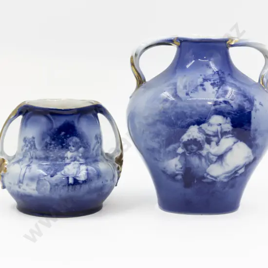 Two Royal Beyreuth Blue & White Children Pattern Vases 21.5cm & 13cm H