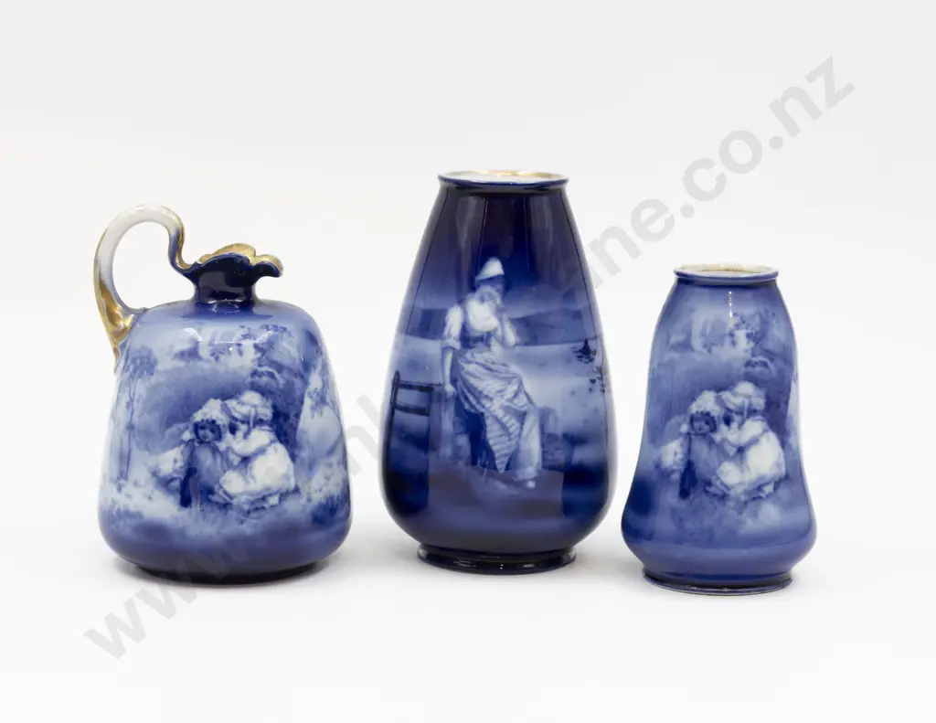 Three Royal Beyreuth Blue & White Children & Maiden Pattern Vases 17.5cm Image 1++