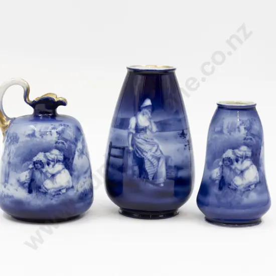 Three Royal Beyreuth Blue & White Children & Maiden Pattern Vases 17.5cm