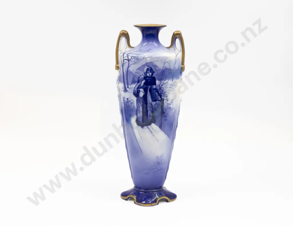 Royal Doulton Blue & White Vase Depicting Young Woman in Winter Scene 35cm H Image 1++