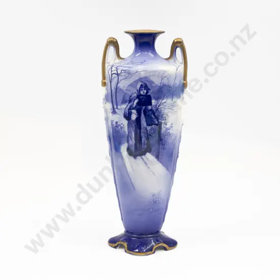 Royal Doulton Blue & White Vase Depicting Young Woman in Winter Scene 35cm H