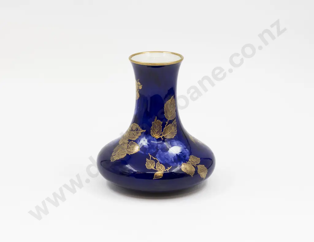 Royal Doulton Blue & White Vase Painted with Roses Overglaze Gilt Leaves 17cm H Image 1++