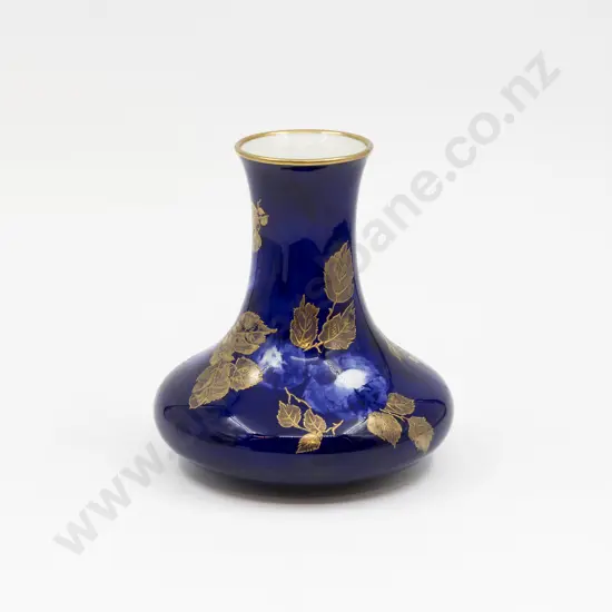 Royal Doulton Blue & White Vase Painted with Roses Overglaze Gilt Leaves 17cm H