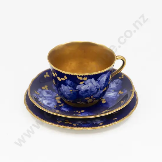 Royal Doulton Blue & White Rose Painted Teacup Saucer Plate Signed P. Curnick