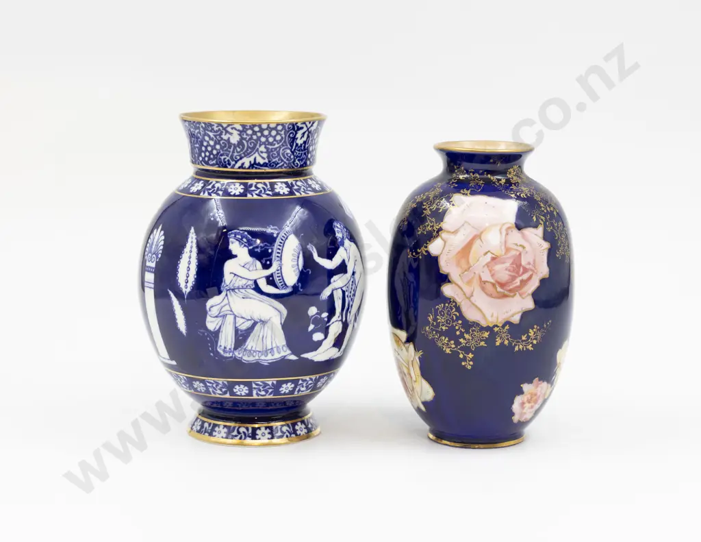 Royal Doulton Blue Ground Rose Vase & Greek Pattern Vase 15.5cm & 17cm H Image 1++