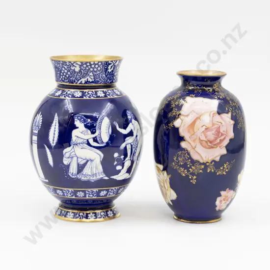 Royal Doulton Blue Ground Rose Vase & Greek Pattern Vase 15.5cm & 17cm H
