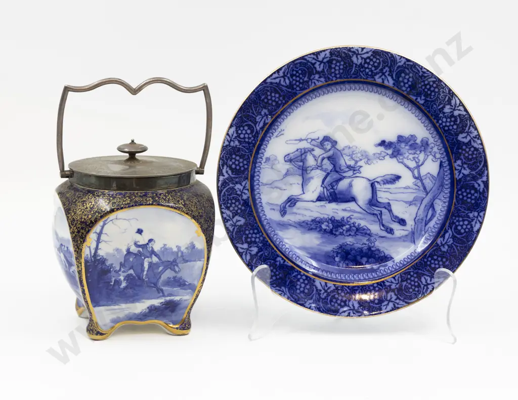 Royal Doulton Blue & White Hunting Scene Pattern Biscuit Barrel together with Plate Image 1++