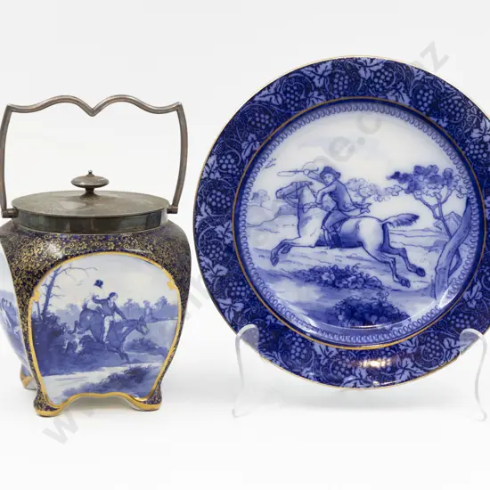 Royal Doulton Blue & White Hunting Scene Pattern Biscuit Barrel together with Plate