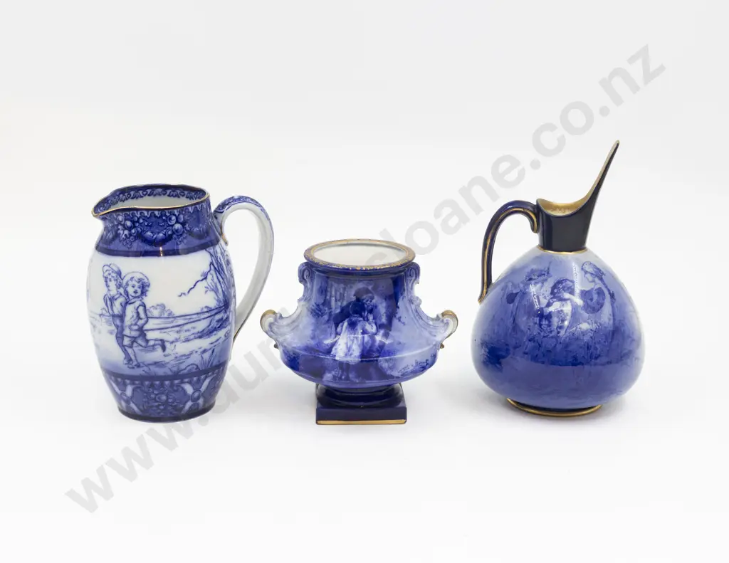 Royal Doulton Blue & White Children Pattern Jug Vase & Ewer Image 1++