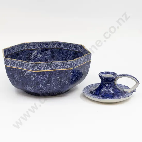 Shelley Blue & White Dragon Butterfly Floral Print Fruit Bowl & Chamberstick 21cm Diameter