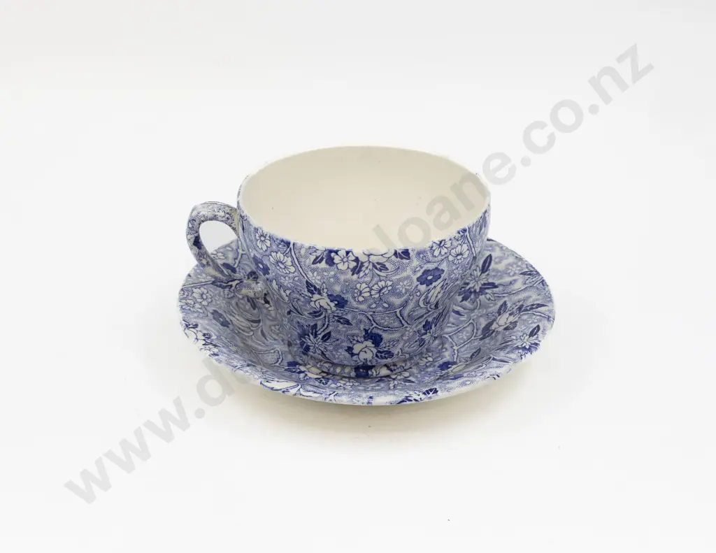 Maling Blue & White Print Farmers Breakfast Teacup & Saucer Image 1++