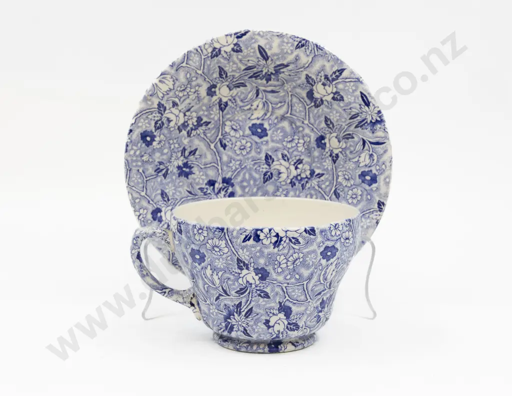 Maling Blue & White Print Farmers Breakfast Teacup & Saucer Image 1++