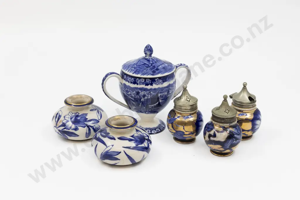 Wedgwood Blue & White Handled Cup Pair Doulton Posy Pots & Three Condiments Image 1++
